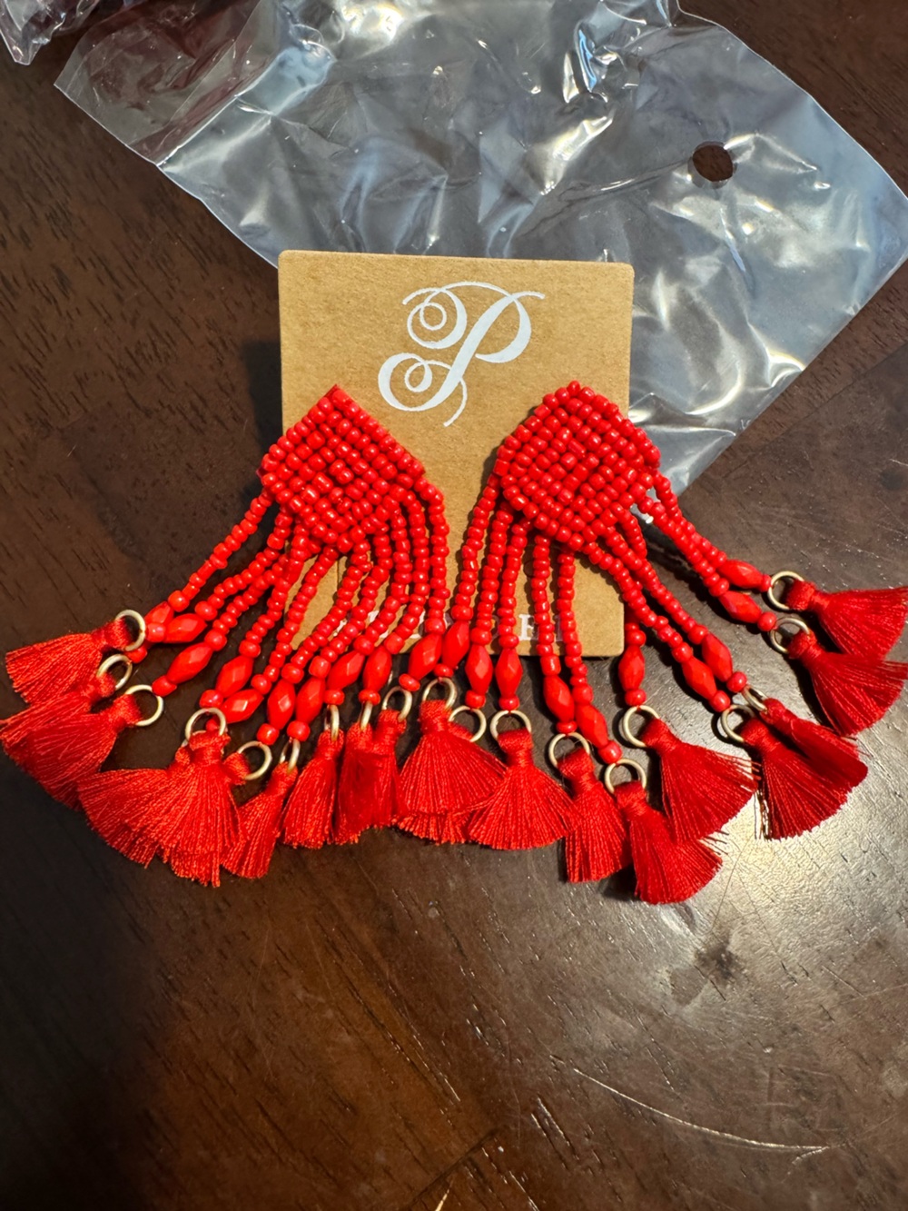 PLUNDER Red Beaded Tassel Statement Earrings